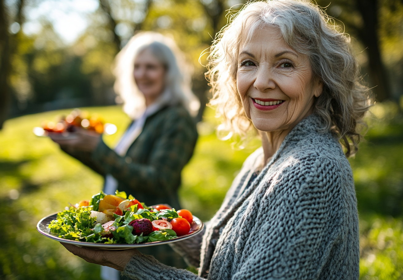 Старша жінка використовує планшет для перегляду плану харчування